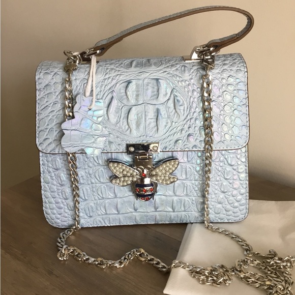 Movdari Blue Crocodile Embossed Satchel Crossbody Handbag w/Bee adorned w/Pearls - Picture 1 of 11